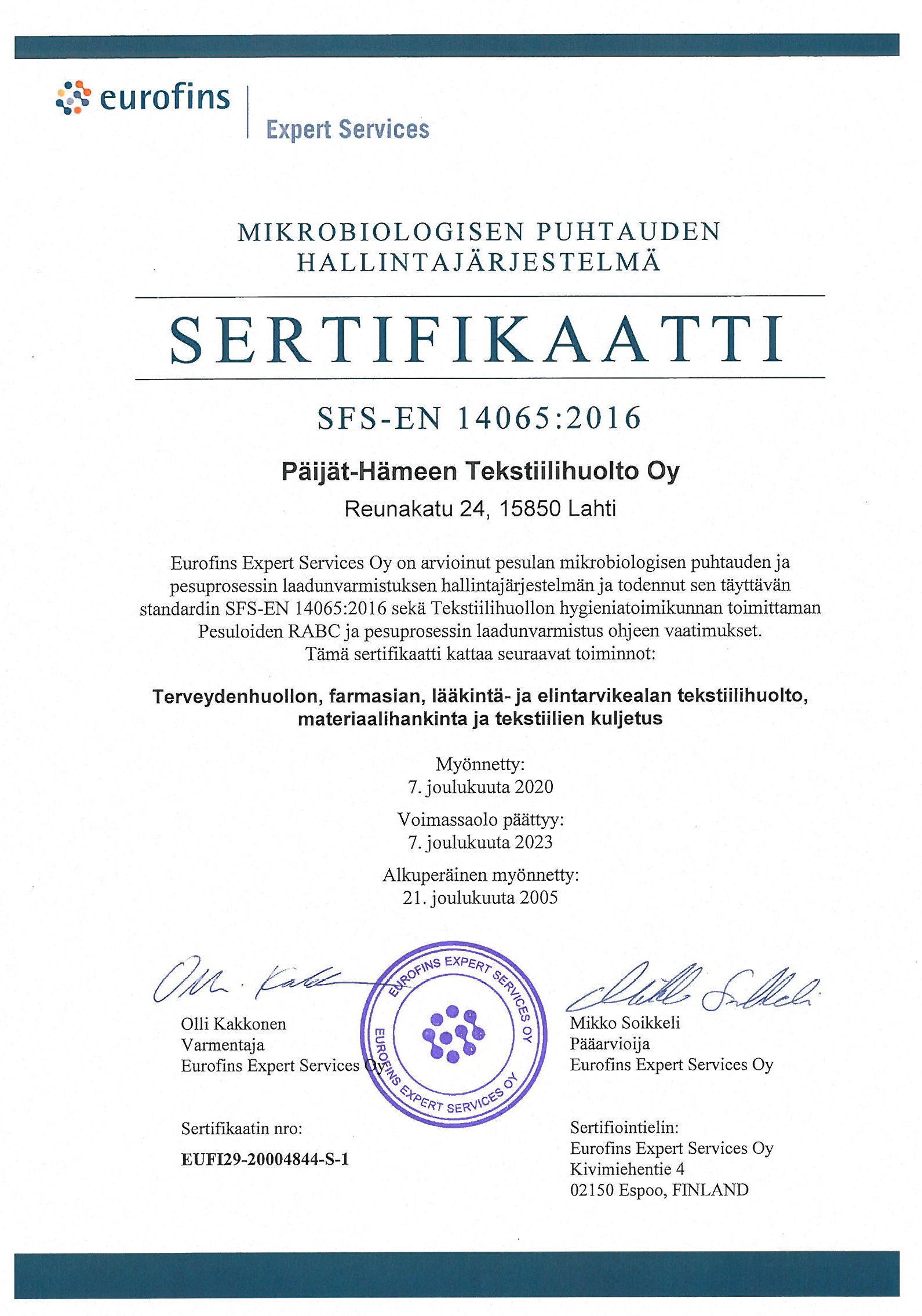 SFS-EN 14065 sertifikaatti